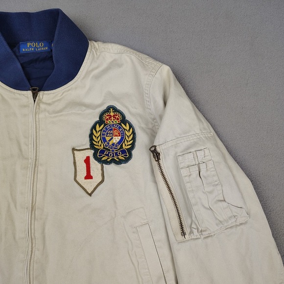 Polo Ralph Lauren Bomber Jacket Youth XL Big Tan Crest Logo Full Zip Military - Picture 4 of 13